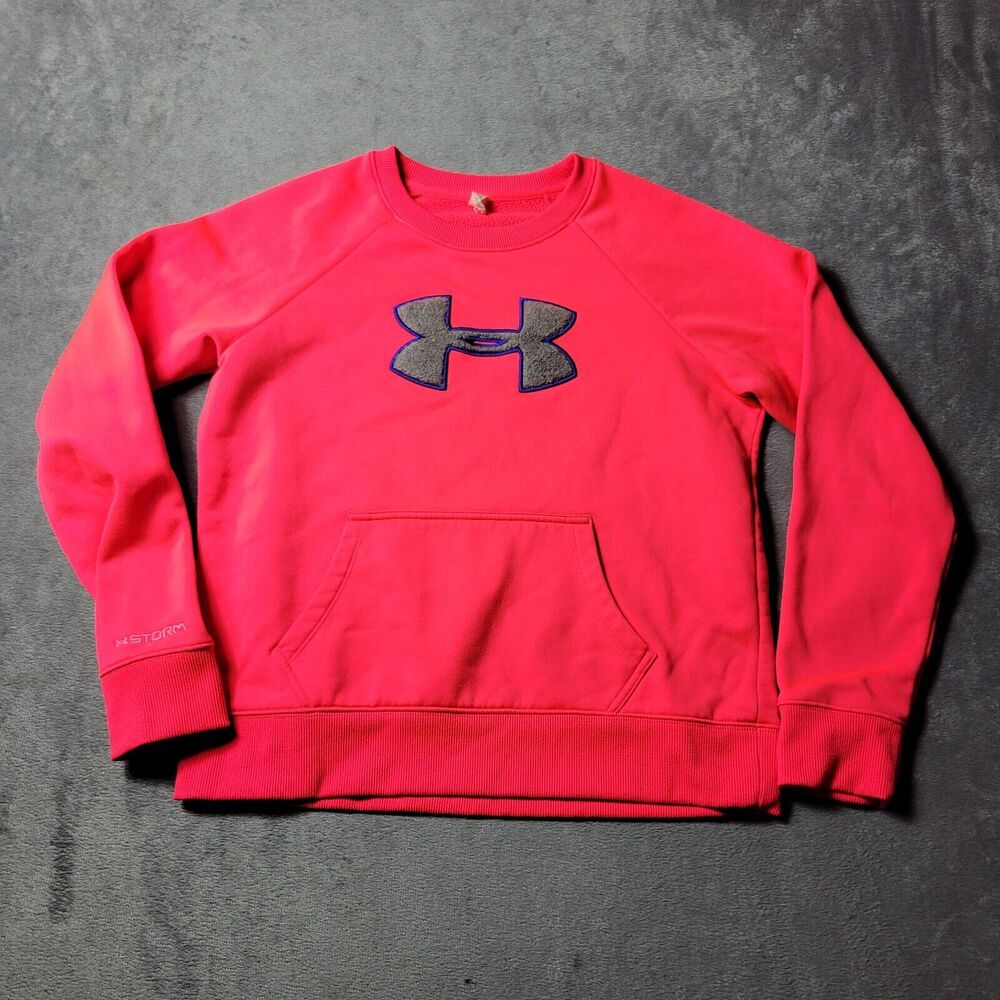 Under Armor Sweatshirt Women Large Pink Comfort Stretch Pullover Kangaroo Pocket